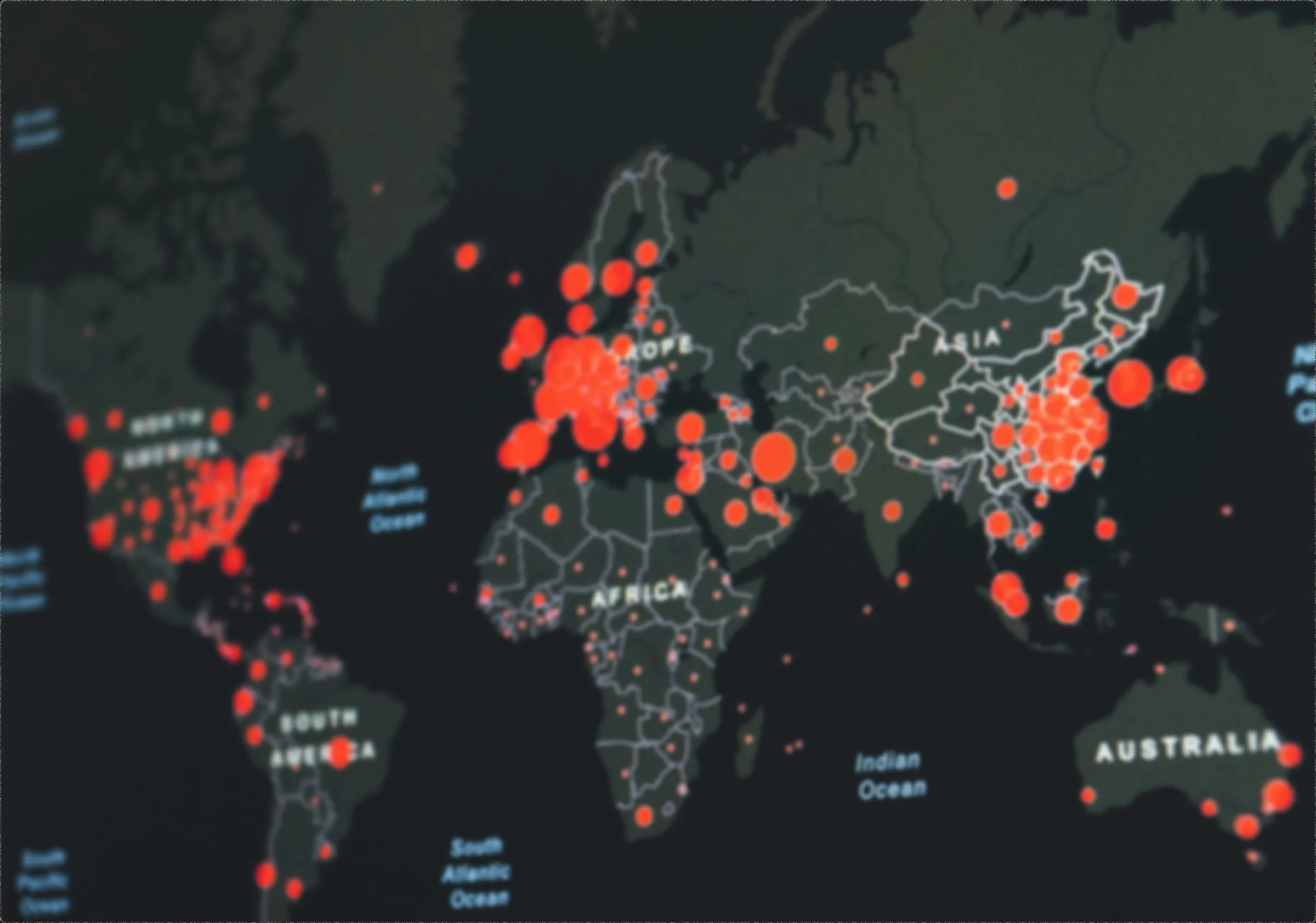 Dark world map dotted with red markers, representing the global reach of the WHO Knowledge Action Portal